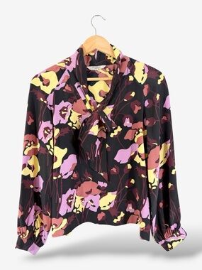 Tucker Silk Tie Neck Blouse Size P (XS) Black Purple Floral Long Sleeve Flowy